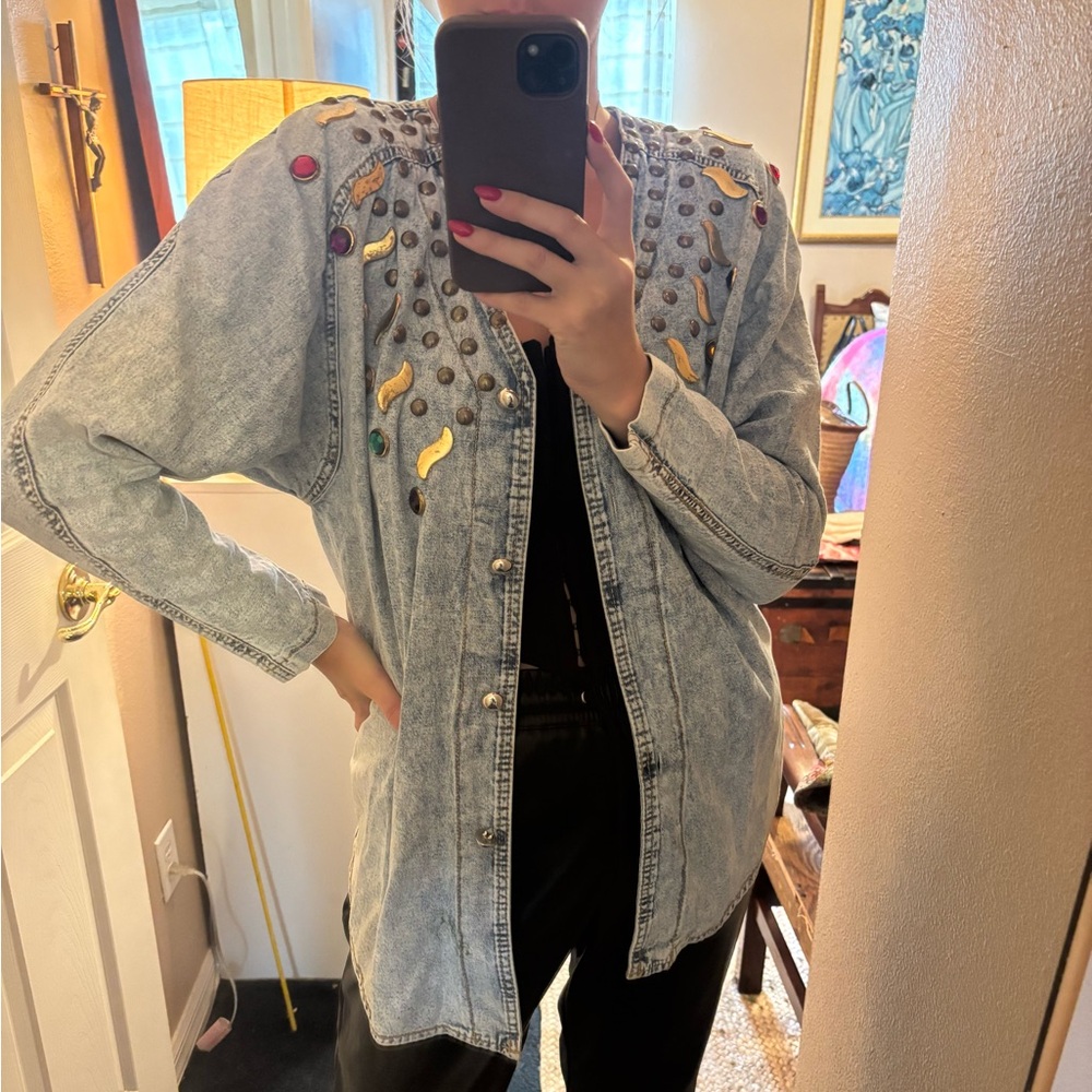 Vintage Embellished Light Wash Denim shirt - Multicolor Accents